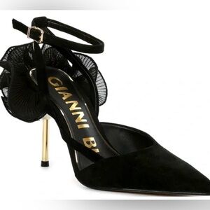 Gianni Bini Black Suede Ankle Strap Stiletto Heels Pearl Ruffle Detail Size 8